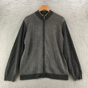 Geoffrey Beene Zip Up Sweater Mens Large Grey Houndstooth Knitted Mock Neck - Picture 1 of 12