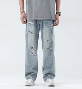 Men's Light Blue Denim Jeans Straight Leg Ripped Holes Summer Breathable Pants - Picture 1 of 14