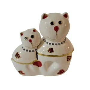 Enameled Cat And Kitten Double Hinged Trinket Box Crystals Hearts Valentines - Picture 1 of 9