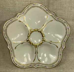 Limoges Elite Works Oyster Plate Gold Trim Violet Hibiscus 8.5" St. Martial - Picture 1 of 14