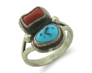 Vintage Navajo Pierścionek 925 Sterling Naturalny koral i turkus Native Artist Rozmiar 8,0 - Zdjęcie 1 z 7