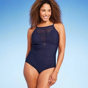 Womens UPF 50 Crochet High Neck One Piece Swimsuit - Aqua Green® True Navy L - Picture 1 of 1