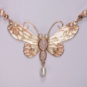 Jugendstil Zuchtperl Collier Schmetterling Rosenquarz Perlen 925/- Rosé verg.  - Bild 1 von 3