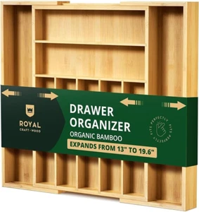 Bamboo Kitchen Drawer Organizer - 9 Slot Silverware and Utensil Holder - Picture 1 of 12