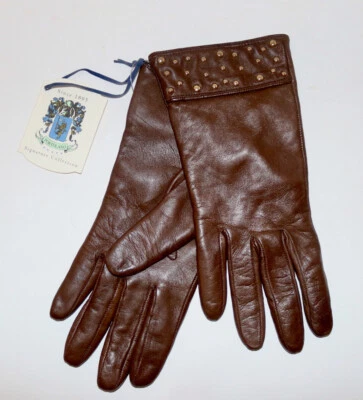 Portolano brown gold studded leather gloves 7 NWT - Image 1 of 4
