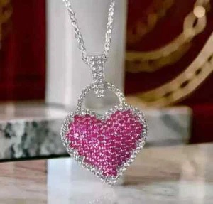 3Ct Round Cut Pink Sapphire Moissanite Heart Shape Pendant 14K White Gold Plated - Picture 1 of 7