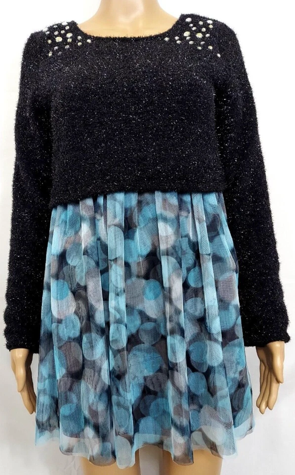 JUSTICE Girl Dress Size 16 Black Top Blue Mesh Overlay Embellish skirt - Image 1 of 4