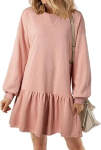 XL PINK Fall Long Sleeve Pullover Tops Crewneck Rib Knit babydoll dress NEW - Foto 1 di 2