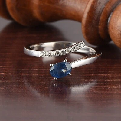 Oval Natural Blue Sapphire diamond Eternity Band Sterling silver Bypass Ring - Image 1 of 4