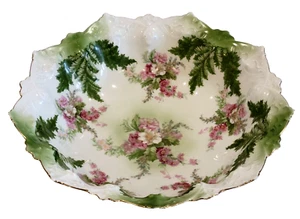 VINTAGE MZ ÖSTERREICH Moritz Zdekauer grünes Farnblatt MITTELSTÜCK SCHALE rosa Blumen - Bild 1 von 7