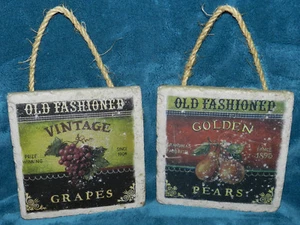 AWESOME VINTAGE DISTRESSED FRUIT LABEL "STONE" PLAQUES! GRAPES PEARS - Picture 1 of 3