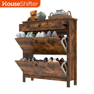 Rustic Vintage Shoe Rack Cabinet 3 Drawers Storage Indoor Wooden Shoes Organizer - Picture 1 of 35