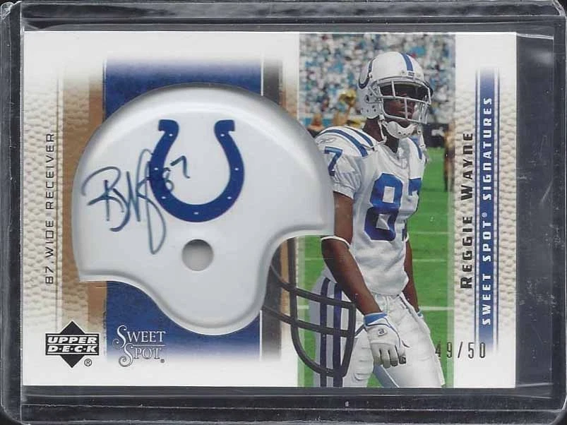REGGIE WAYNE 2005 SWEET SPOT GOLD COLTS HELMET ON CARD AUTO #D 49/50 - Image 1 of 1