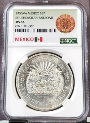 1950 MÉXICO PRATA 5 PESOS FERROVIA SUDESTE NGC MS 64 ESCASSO LINDO BU - Imagem 1 de 3