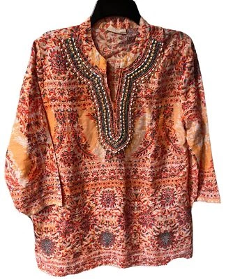Top de lujo Charter Club para mujer L adornado lino con cuentas túnica arte para usar boho Foto 1 de 4