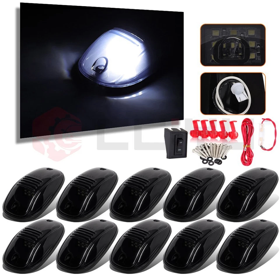 10pcs 12V LED Smoke Lens White Lamp Cab Marker Roof Light + Wiring For Dodge Ram - Image 1 of 4