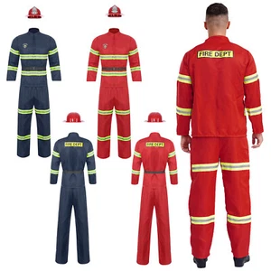 UK Mens Fireman Costume Firefighter Fancy Dress Reflective Stripes Safety Suit - Picture 1 of 36