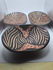 3 African Inspired Hand Crafted Wooden Bowls  Brown/ Black 10x7×3 Inches.  - Picture 1 of 11