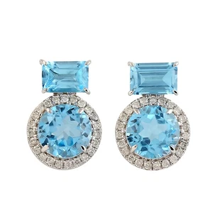 Natural Topaz Stud Earrings 18k White Gold Diamond Jewelry For Women - Picture 1 of 7