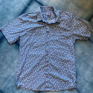 Patagonia Shirt Men’s Medium Hemp Shirt Button Up Short Sleeve Navy Blue - Picture 1 of 9