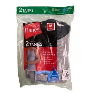 Hanes Men's 2 Pack Tagless Tanks Undershirt Size Medium Black/Gray New - Picture 1 of 2