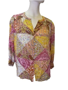 ROSA + OLIVA FLORAL PAISLEY ESTAMPADO RETAZOS RAYÓN TOP PEQUEÑO ROSA AMARILLO FRUNCIDO BAC - Imagen 1 de 7