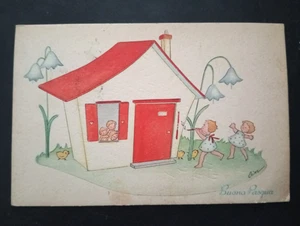 Cartolina Augurale Buona Pasqua Bambini Casa Flauto Pulcini (AA9) - Bild 1 von 2