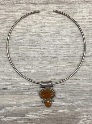 925 Sterling Silver Amber Color Stone 1 1/2" Pendant Collar Necklace 14" 21.92g - Image 1 of 4