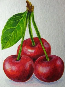 Watercolor Painting Cherry Red Juicy Berries Green Leaf Harvest Farm ACEO Art ' - Picture 1 of 2