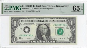 1969D $1 KANSAS CITY FRN. PMG GEM Uncirculated 65 EPQ Banknote. - Picture 1 of 2