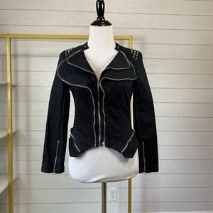 HL Women's Black Studded Zippers Moto Cropped Punk Biker Rocker Jacket Sz S - Picture 1 of 15