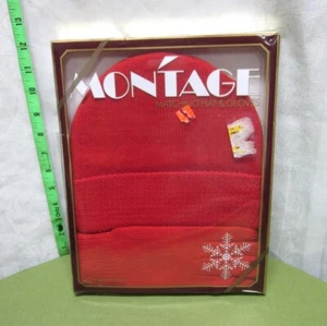 MONTAGE Weihnachten Set Neu mit Etikett passende rote Strickmütze Handschuhe 80er Vintage Ski Wintermütze - Bild 1 von 1