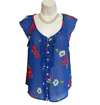 Gilly Hicks Sheer Blouse Juniors Size S Shirt Blue Floral Crinkle Chiffon Top - Image 1 of 4