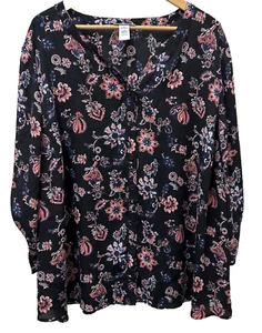 Catherines Womens Blouse 3X Black Floral Tunic Top Roll Tab Flowy Sheer Career - Picture 1 of 11
