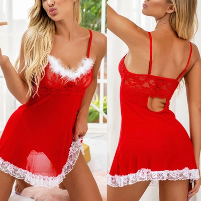 Women Sexy Sheer Lingerie Chemise Christmas Babydoll Santa Xmas Sleepwear Panty - Image 1 of 4