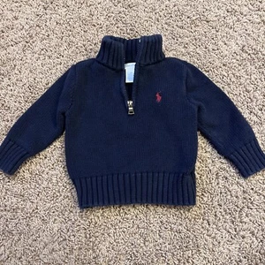 Ralph Lauren Navy Blue Heavy Cotton Half Zip Sweater Size 12 M Red Horse - Picture 1 of 4