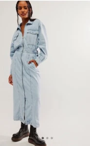 Free People Sundown Midi Maxi Dress Denim Soft Zipper Up Utility Sky Light L NWT - Picture 1 of 6