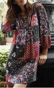 Anthropologie Patchwork Embroidered Beaded Lace Up Dress Cottagecore Boho Hippie - Picture 1 of 9
