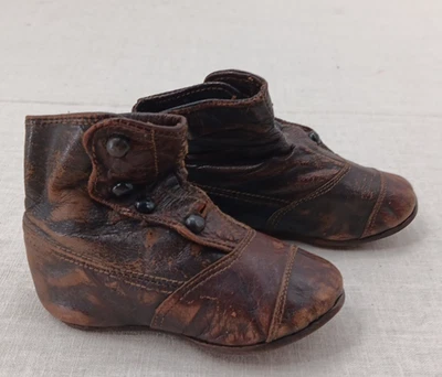Antique Victorian Edwardian Leather Baby Child Doll High Top Dark Brown Shoes - Image 1 of 4