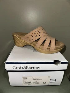 New Croft & Barrow Tan Kathleen Wedge Slip On Sandals Shoes 6.5 Women’s Leather - Picture 1 of 11