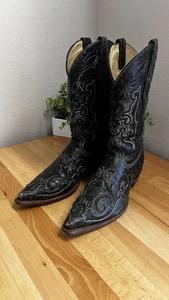 Corral Mens Western Snake Inlay Black Distressed Leather Cowboy Boots 9.5D Rocka - Picture 1 of 11