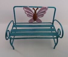 Fairy Garden Metal Miniature Blue Outdoor Bench with Pink Butterfly 1:24
