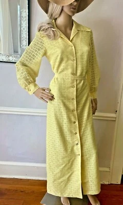 Beautiful Vintage 1960s Maxi Dress, Daffodil Yellow Eyelet Overlay, Size 10 Poly - Image 1 of 4