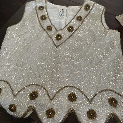 Top vintage años 50’s lentejuelas cuentas mujer talla LG, color crema, excelente estado Foto 1 de 4