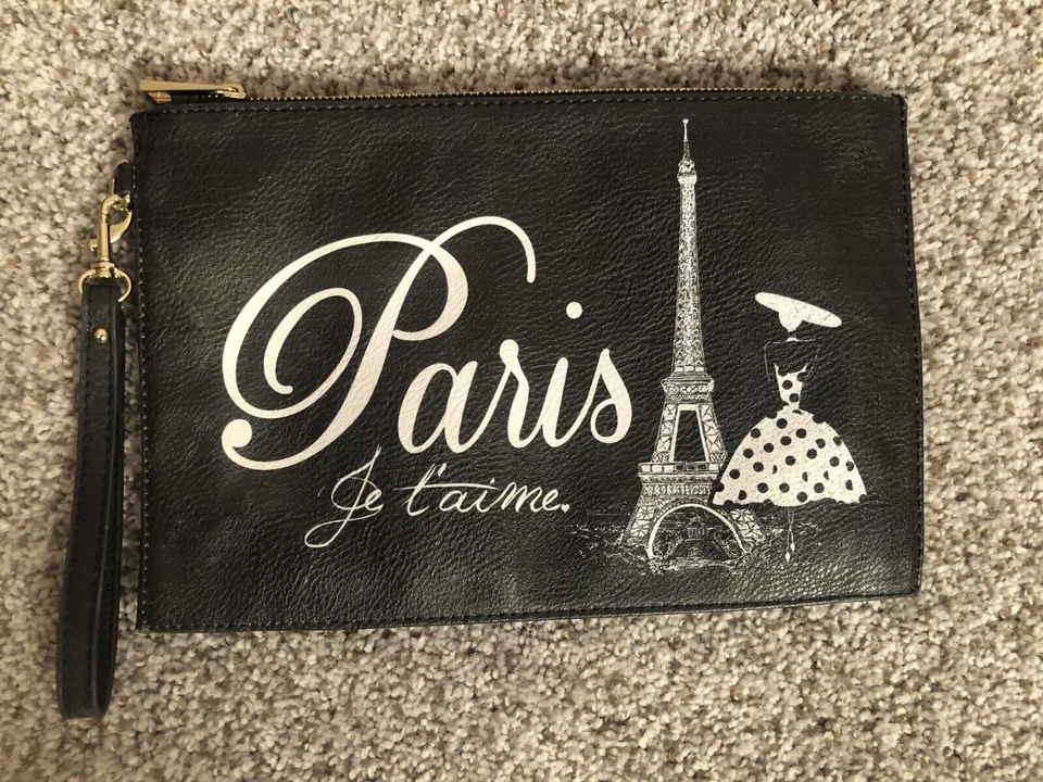 Apt.9 Paris Je t'aime Mujer Cuero Negro Cierre de Cremallera Muñequera Bolso sin asas Foto 1 de 3