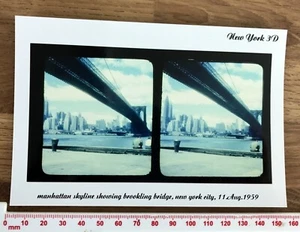 MANHATTEN SKYLINE BROOKLYN BRIDGE Fotopapier Farbstereoview 1950er New York - Bild 1 von 2