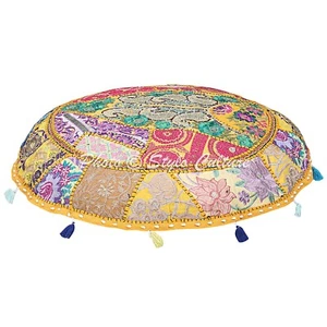 Patchwork Vintage Floor Pillows 100 cm Round Art XL Yellow Floor Cushions Case - Picture 1 of 6