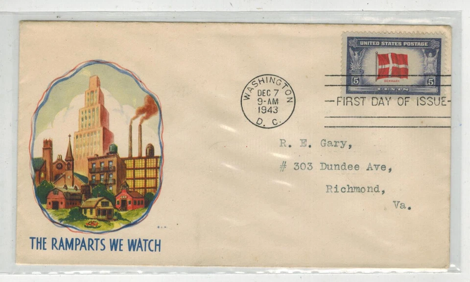 1943 WW2 Patriotic FDC OVERRUN COUNTRIES 920 DENMARK THE RAMPARTS WE WATCH - Image 1 of 1