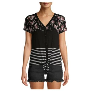 No Boundaries Juniors Long Sleeve Colorblock Tie-Front Top Black Size Medium - Picture 1 of 1
