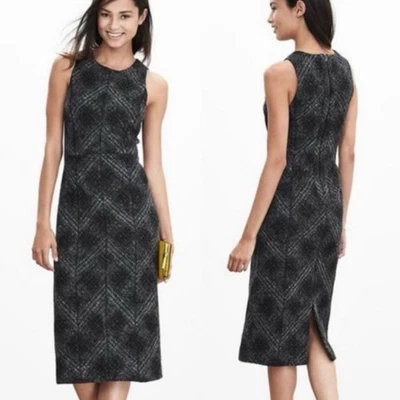 Vestido Banana Republic 6 Lana SL Gris a Cuadros Negro Forrado Tejido Funda Elastizada Midi Foto 1 de 4